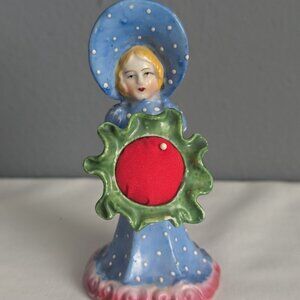 Vtg Porcelain Girl Pin Cushion Blue Dress & Bonnet Enamel Dots Japan